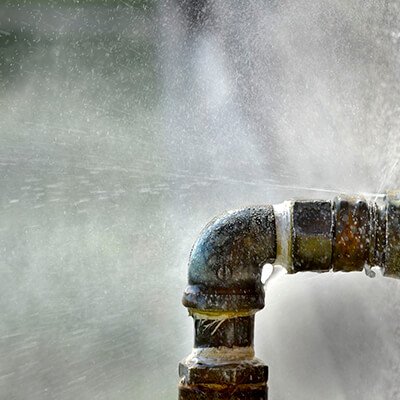 A close-up of a metal pipe joint leaking water, mist spraying from a crack. The blurred background highlights the issue—one of the reasons to install outdoor faucet covers and protect your pipes from leaks like this. | High 5 Plumbing, Heating & Cooling