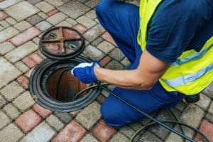 A person wearing a high-visibility vest and gloves uses plumbing equipment to inspect or clean an open manhole on a paved surface made of interlocking bricks. | High 5 Plumbing, Heating & Cooling
