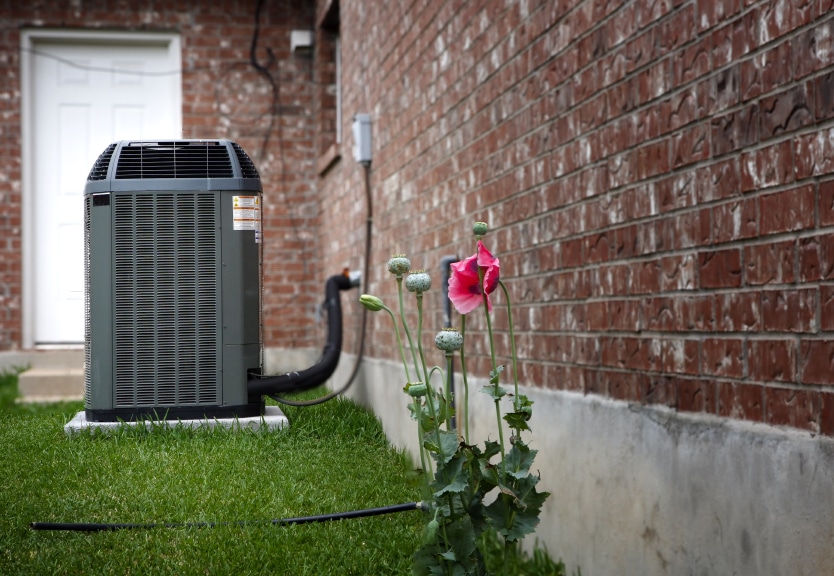 An outdoor air conditioning unit stands on a concrete pad beside a brick house. Poppy flowers bloom in the summer grass nearby, and a black hose lies on the ground. A white door is visible in the background, offering ways to reduce AC costs. | High 5 Plumbing, Heating & Cooling