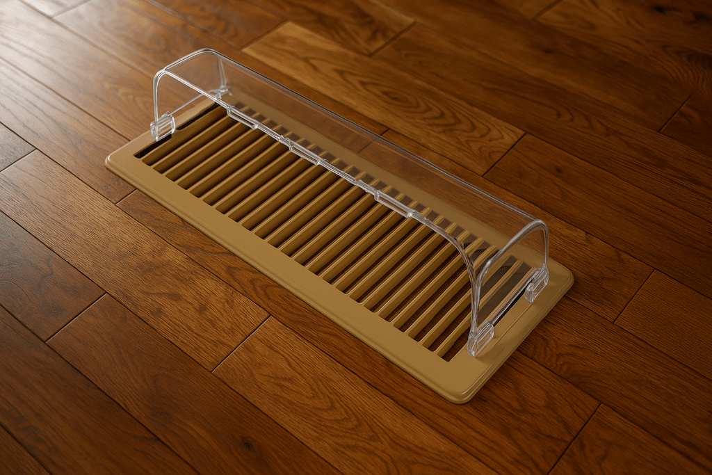 A tan floor vent cover with an Air Vent Deflector, featuring a clear plastic shield, is placed on medium brown hardwood flooring. The deflector is attached securely with clips on both sides of the vent. | High 5 Plumbing, Heating & Cooling