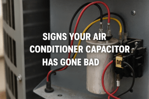 A close-up of an air conditioner capacitor with red, yellow, and black wires attached. Text over the image reads: "Signs your AC repair is needed due to a bad capacitor. | High 5 Plumbing, Heating & Cooling