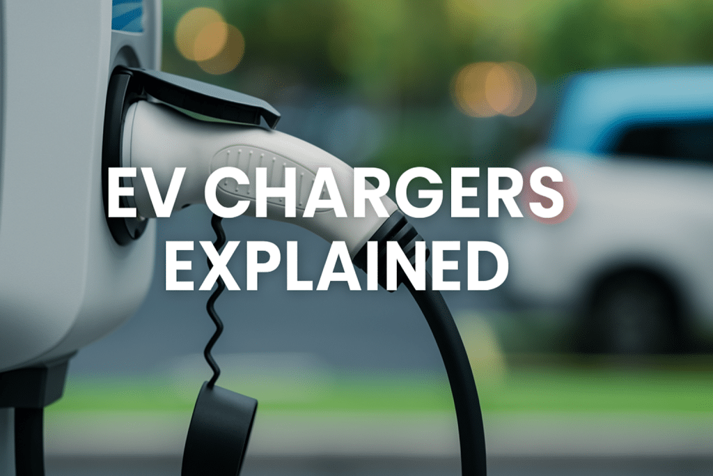 A close-up of an EV charger plugged into a car, with the text "EV Charging Explained" overlaid. The background is blurred, showing greenery and another parked car. | High 5 Plumbing, Heating & Cooling