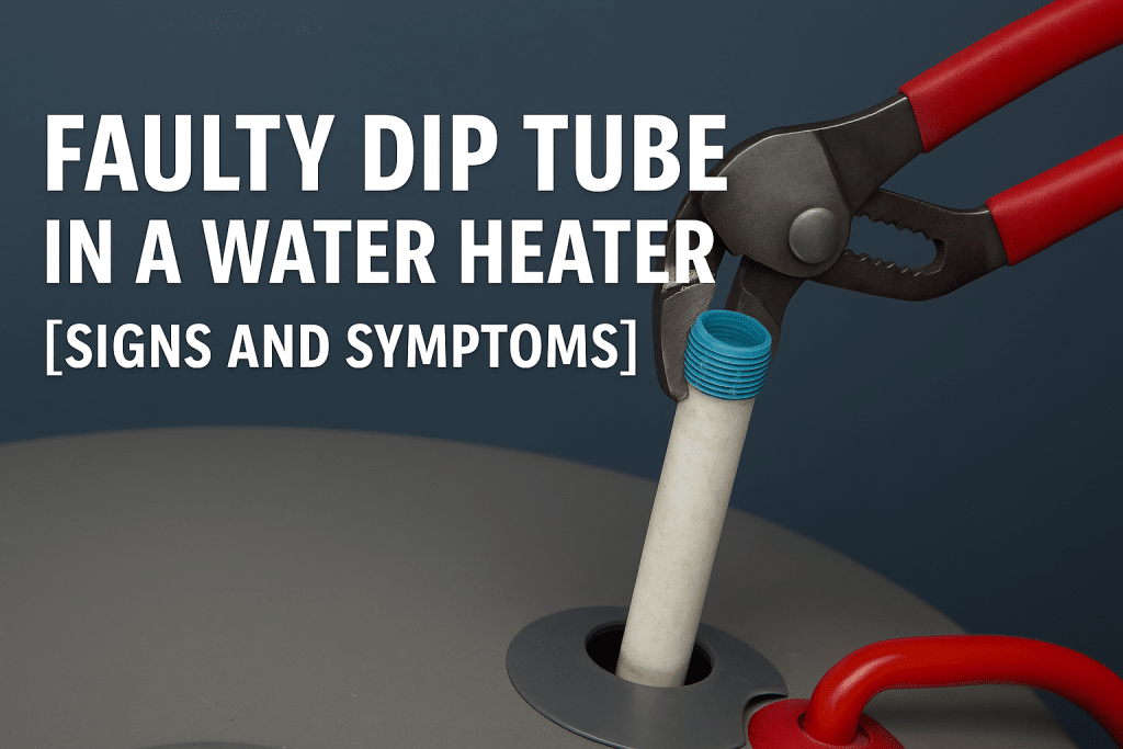 Close-up of pliers gripping a dip tube being removed from a water heater, with text that reads "Faulty Dip Tube in a Water Heater [Signs and Symptoms]"—ideal for explaining dip tube replacement or identifying a faulty dip tube. | High 5 Plumbing, Heating & Cooling