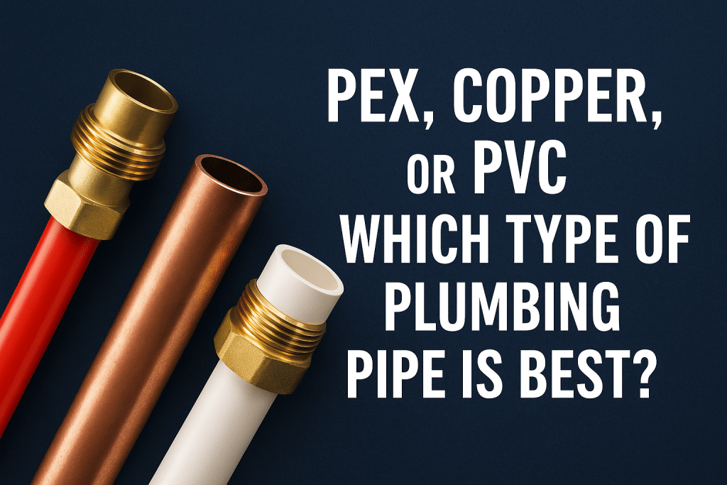 Three plumbing pipes—PEX, copper, and PVC—stand vertically on a dark background. Bold white text beside them asks, "PEX, copper, or PVC: Which type of plumbing pipe is best?. | High 5 Plumbing, Heating & Cooling