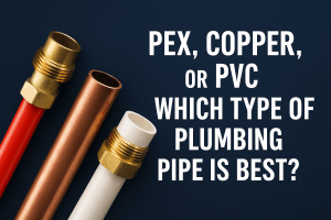 Three plumbing pipes—PEX, copper, and PVC—stand vertically on a dark background. Bold white text beside them asks, "PEX, copper, or PVC: Which type of plumbing pipe is best?. | High 5 Plumbing, Heating & Cooling