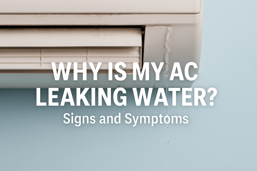 A white air conditioner mounted on a wall is leaking water, with droplets visible below the unit. Text over the image reads, "WHY IS MY AC LEAKING WATER? Signs and Symptoms of AC problems. | High 5 Plumbing, Heating & Cooling